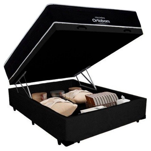 Cama Box Baú Casal Suede + Colchão Airtech Molas Ensacadas Antares Ortobom 138x188x71 Cor preto