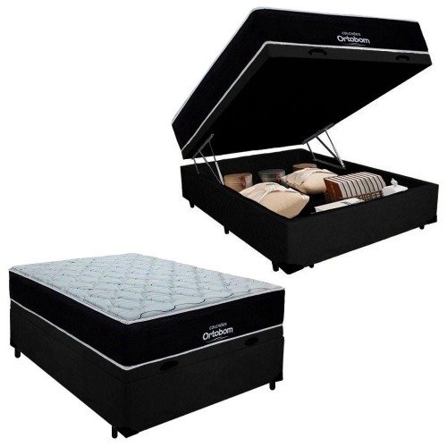 Cama Box Baú Casal Suede + Colchão Airtech Molas Ensacadas Antares Ortobom 138x188x71 Cor preto